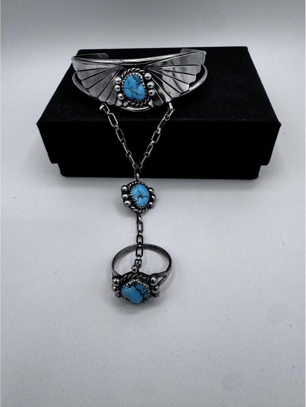 Navajo Native American sterling silver slave cuff;bracelet to hand chain to ring